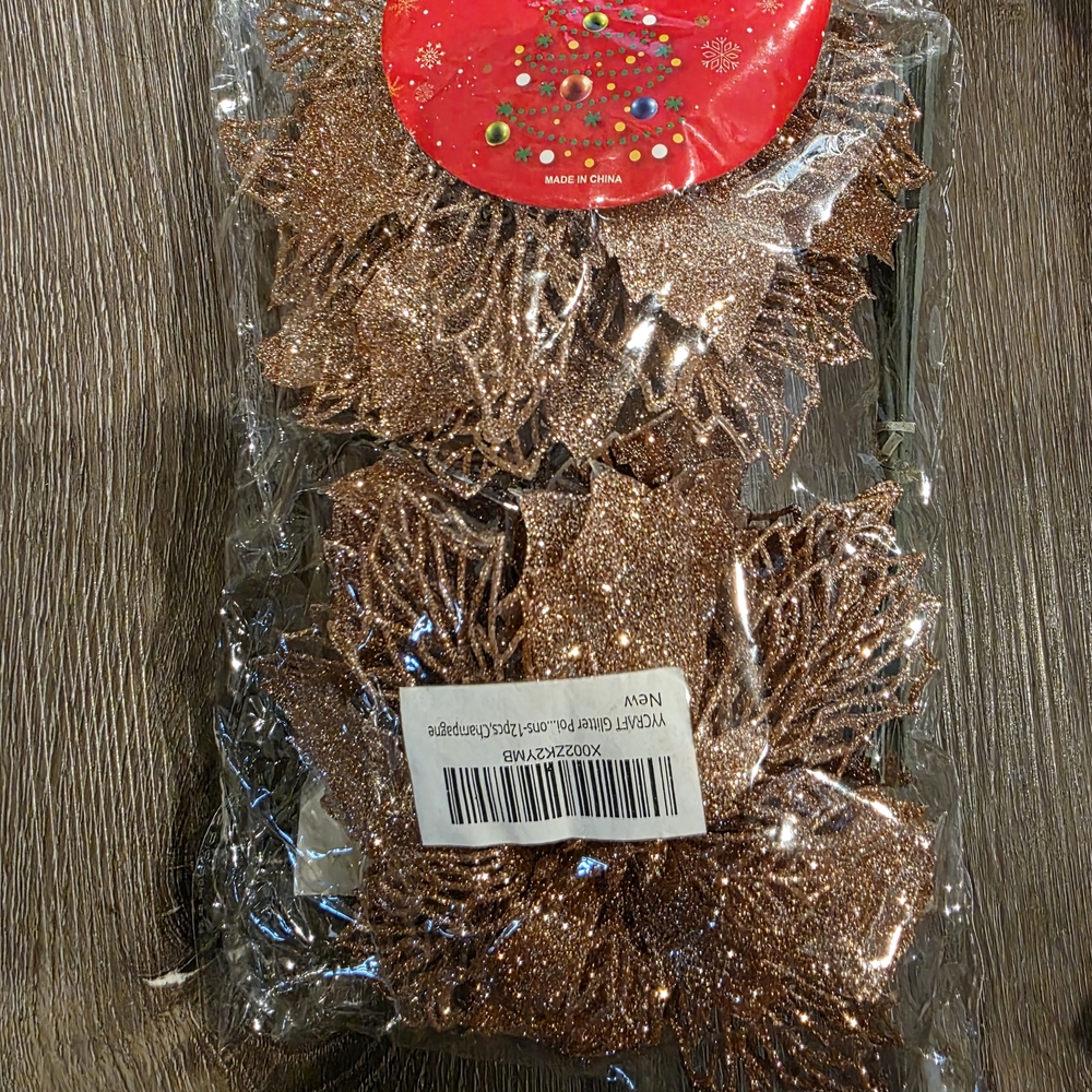 Glittery Pink/gold Poinsettia Flowers 12pack